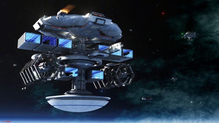 Space station with solar panels and ships in orbit