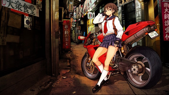Anime girl in school uniform with a red Ducati motorcycle