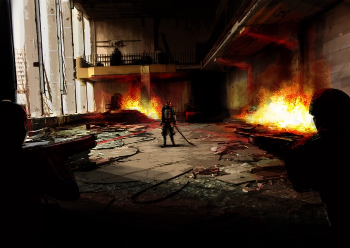 Samurai warrior in burning building with soldiers
