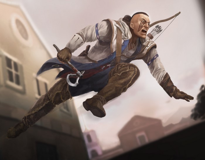 Connor from Assassin's Creed 3 jumping with bow and tomahawk