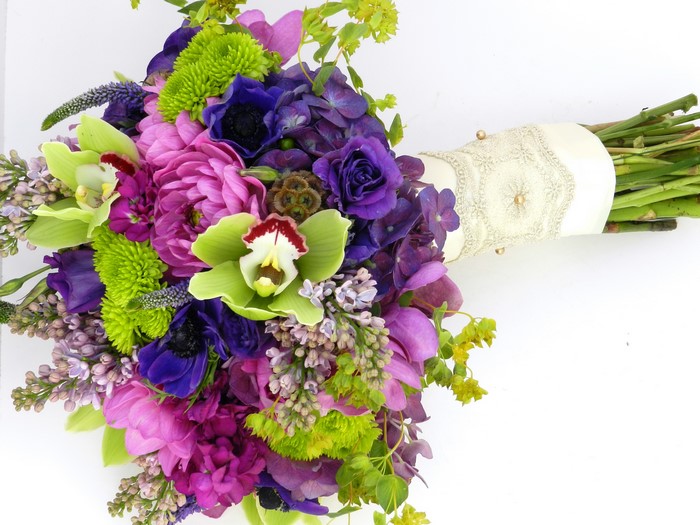 Purple and pink floral bouquet with orchids and hydrangeas