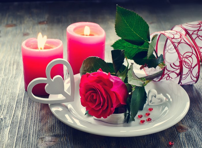 Valentine's Day Rose with Candles and Hearts