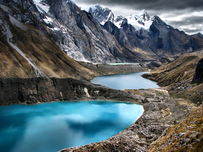 Two turquoise lakes in the Cordillera Huayhuash mountains, Peru