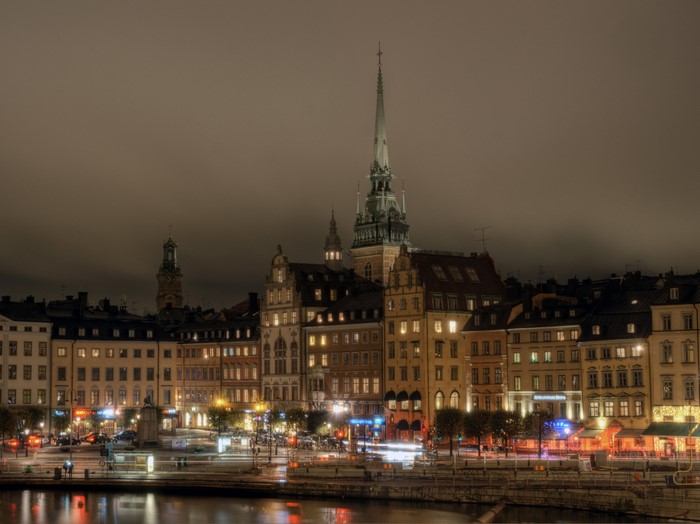 Stockholm cityscape at night with illuminated buildings