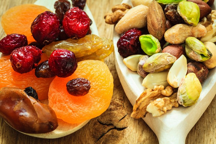 Dried Fruits and Nuts on Wooden Spoons