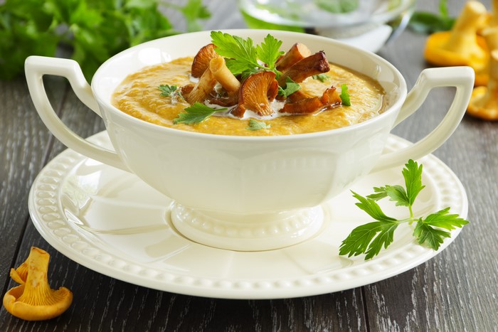 Mushroom soup in a white bowl on a plate
