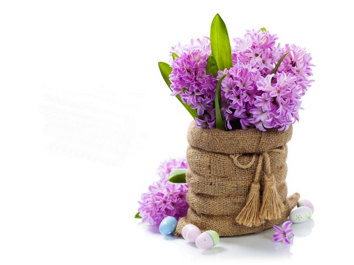 Purple Hyacinths in a Burlap Bag with Easter Eggs