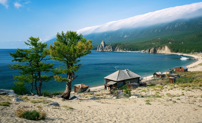 Baikal Lake Coast with Village and Mountains, Russia
