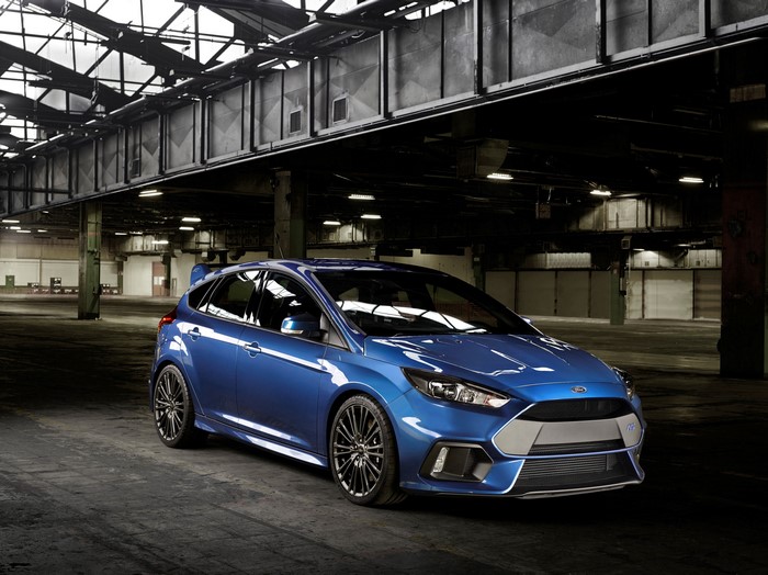Blue Ford Focus RS in an industrial building
