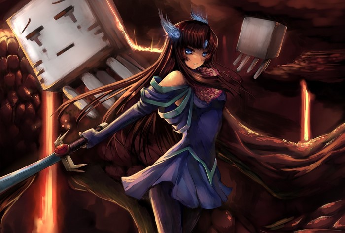 Anime girl with sword and Minecraft Ghast