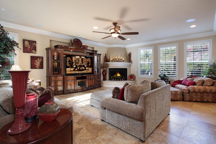 Living room with fireplace and entertainment center