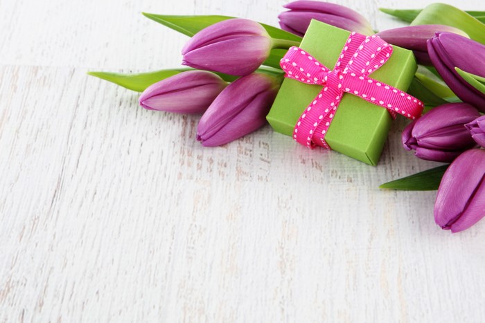 Purple Tulips and a Green Gift Box