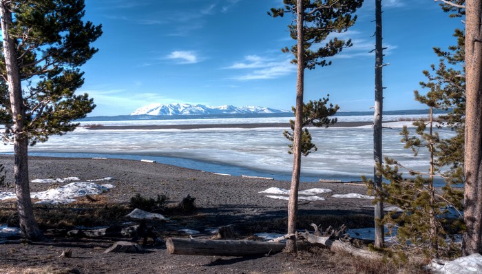 Yellowstone National Park Lake with Snowy Mountains