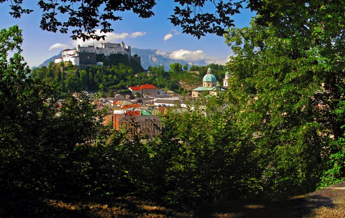 Salzburg cityscape with Hohensalzburg Fortress and church domes