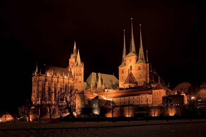 Erfurt Cathedral illuminated at night in Germany