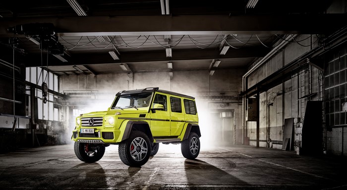 Yellow Mercedes-Benz G 500 4x4 Squared in a warehouse