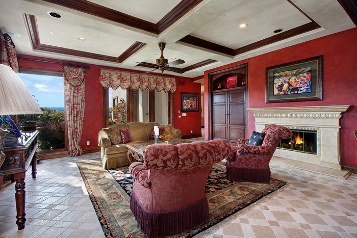 Living room with fireplace and armchair
