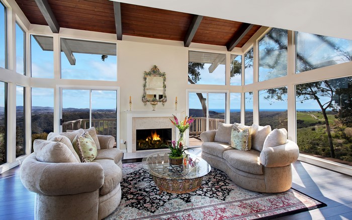 Living room with fireplace and sofas
