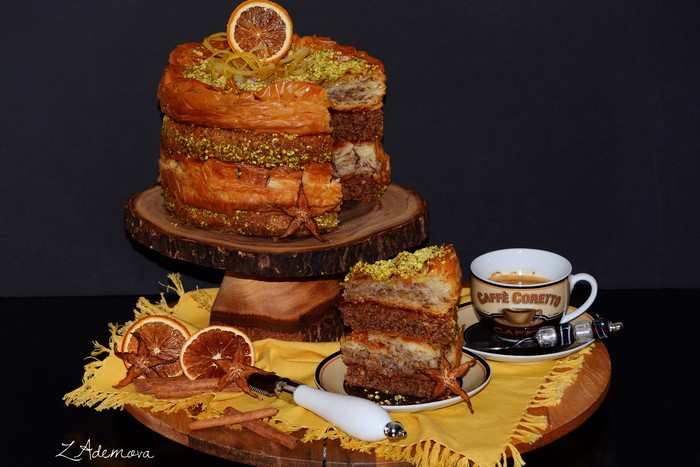 Layered baklava cake with coffee and dried oranges