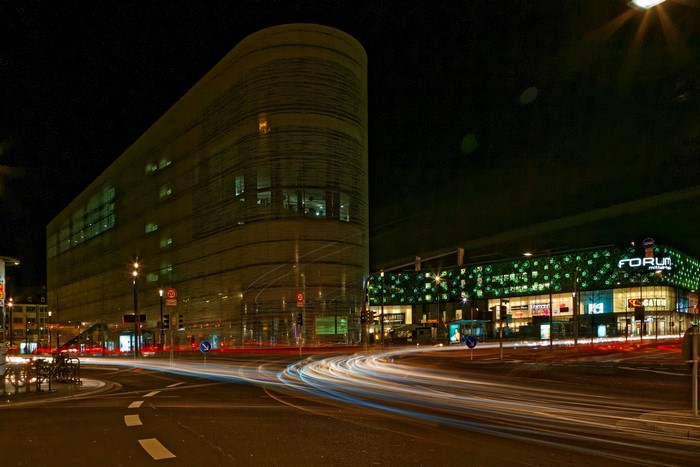 Night view of Forum Mittelrhein in Koblenz, Germany