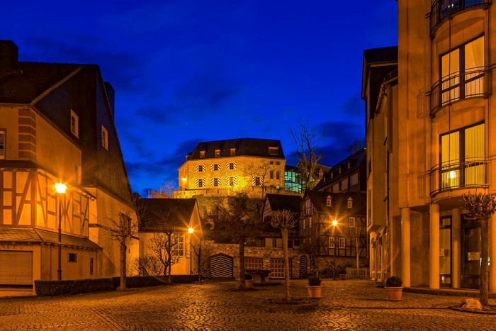 4K Night street view of Kastellaun, Germany with castle