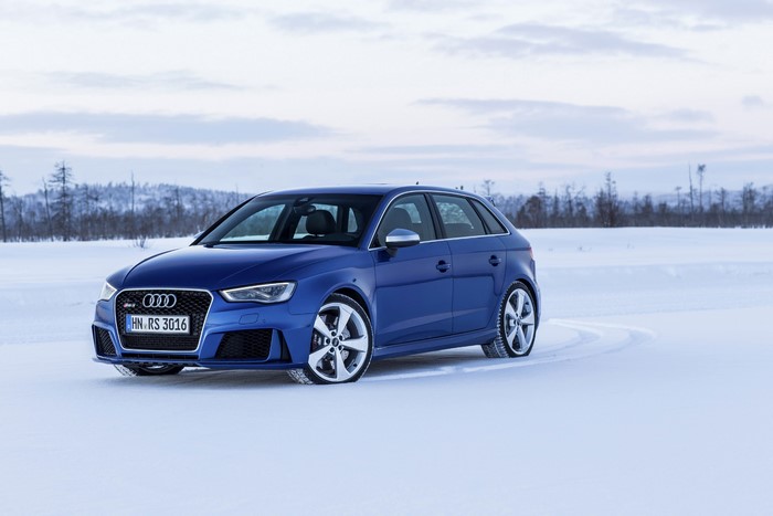 Blue Audi RS3 Sportback in the snow