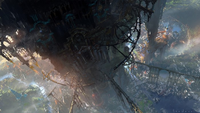 A fantastical city built on a massive, inverted structure