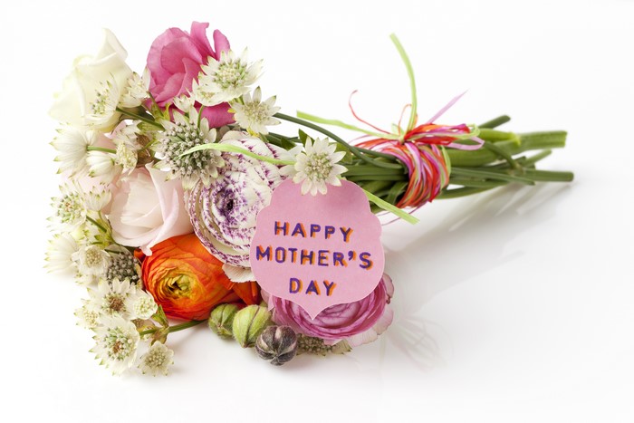 Bouquet of Roses, Eustoma, and Ranunculus with Mother's Day Tag