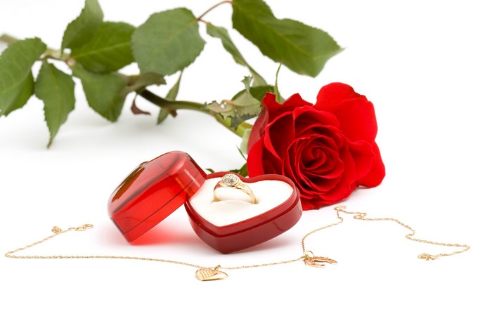 Red Rose with Engagement Ring and Necklace