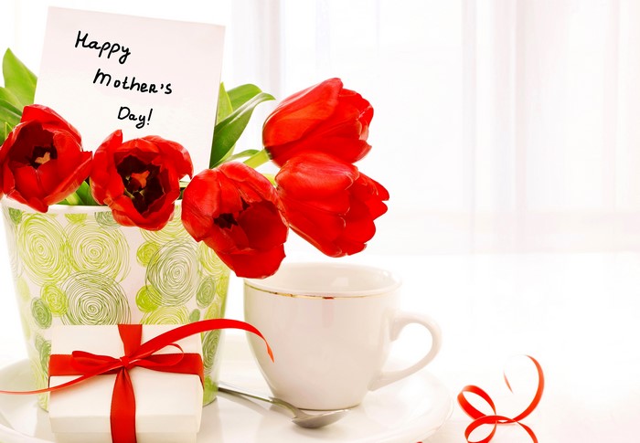 Mother's Day tulips with gift and tea