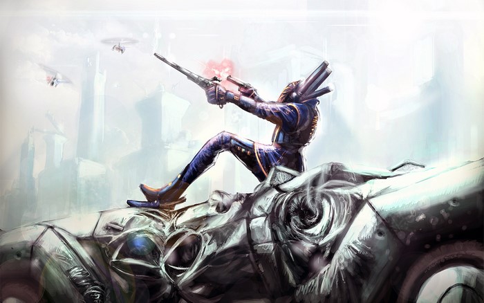 Warrior with pistols on a futuristic vehicle