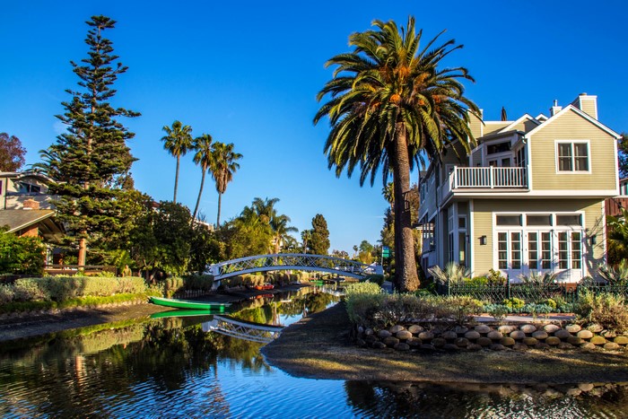 Venice Canals, California with Houses and Palm Trees