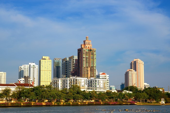 Cityscape with skyscrapers and a river