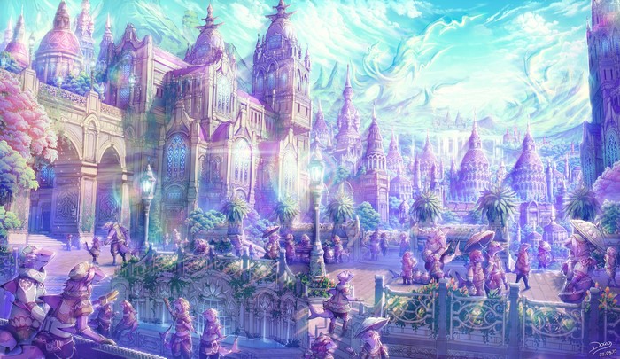 Fantasy city with magical creatures and architecture