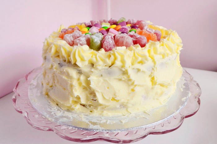 Cake decorated with sweets and frosting