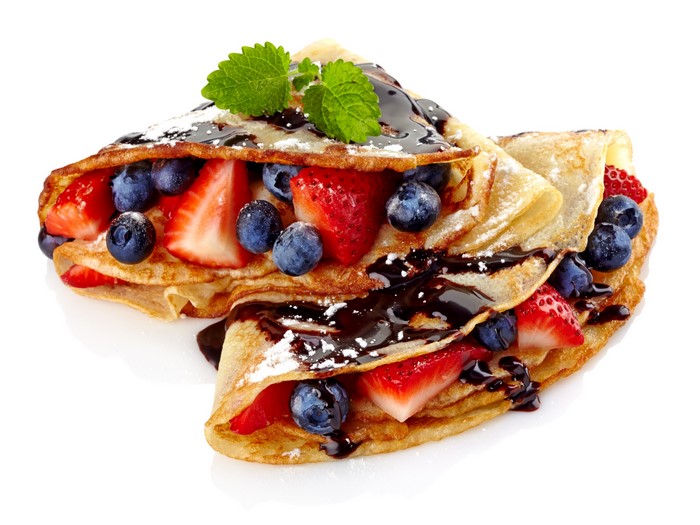 Crepes with Strawberries, Blueberries, and Chocolate Sauce