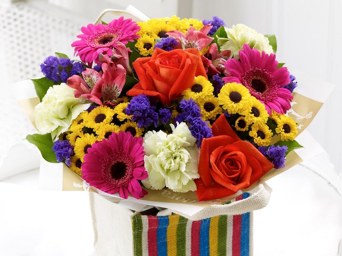 Colorful flower bouquet with roses, alstroemeria, and gerberas