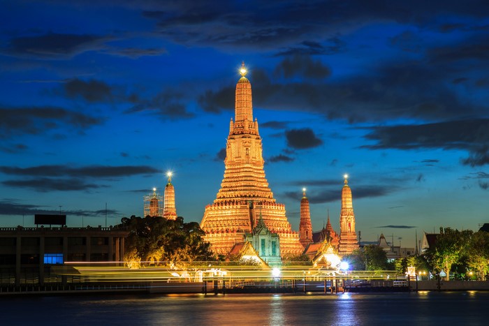 Wat Arun Temple at Night in Bangkok, Thailand