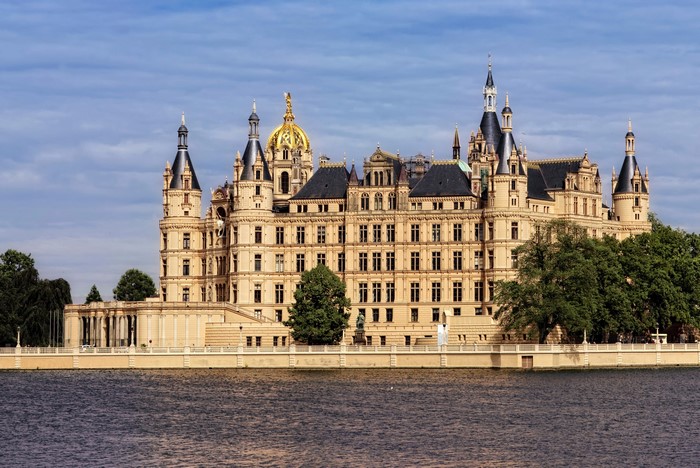 Schwerin Castle on a lake in Germany