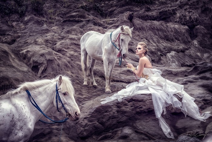Woman in white dress with two white horses on rocky terrain