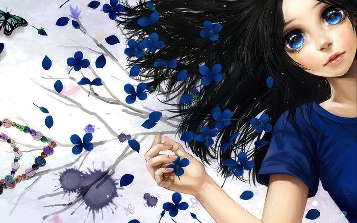 Girl with black hair and blue flowers