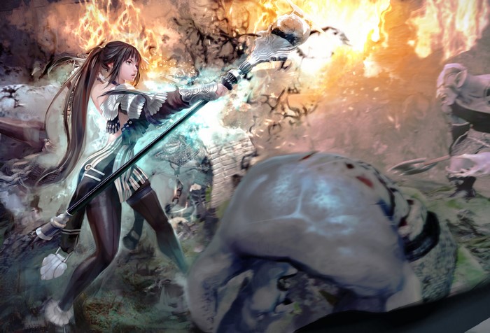 Evie from Mabinogi casting magic with a staff