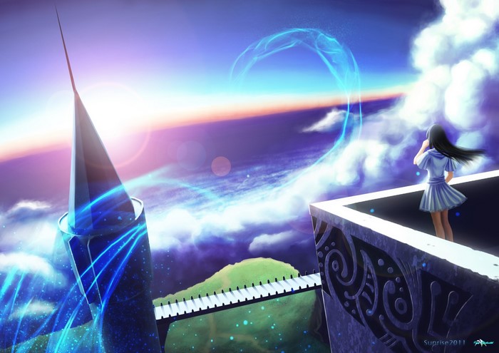 Fantasy castle tower with girl overlooking clouds