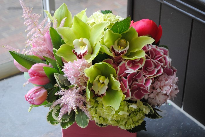 Orchid, Tulip, and Hydrangea Flower Arrangement