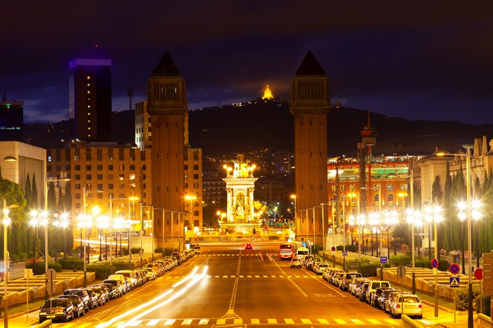 Barcelona at Night: Venetian Towers and Fountain