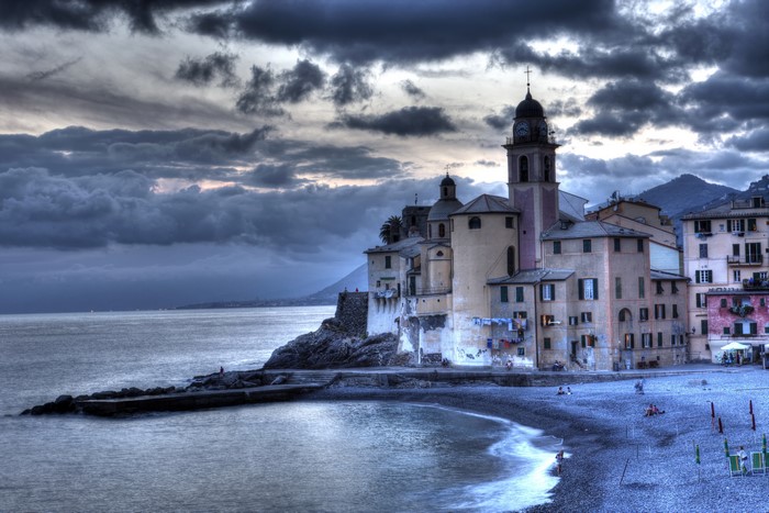 Camogli, Italy: Church and Beach with Dramatic Clouds