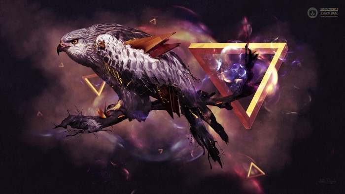 Hawk perched on a branch with abstract geometric shapes