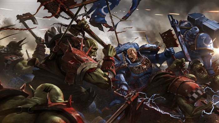 Warhammer 40,000: Space Marines fighting Orcs with axes