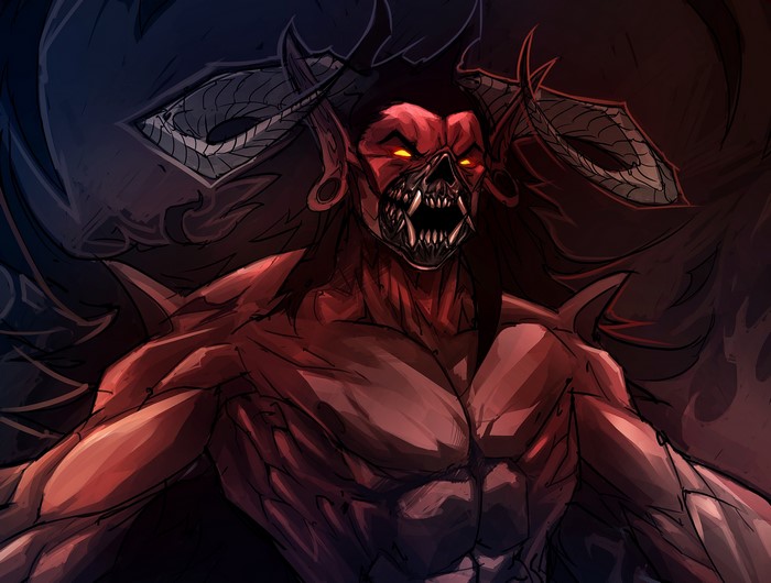Red Demon Monster with Horns and Sharp Teeth