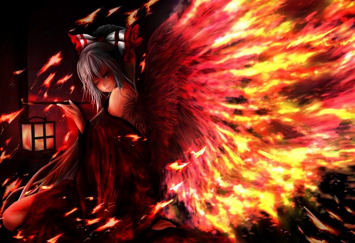 Fujiwara no Mokou from Touhou Project with fiery wings